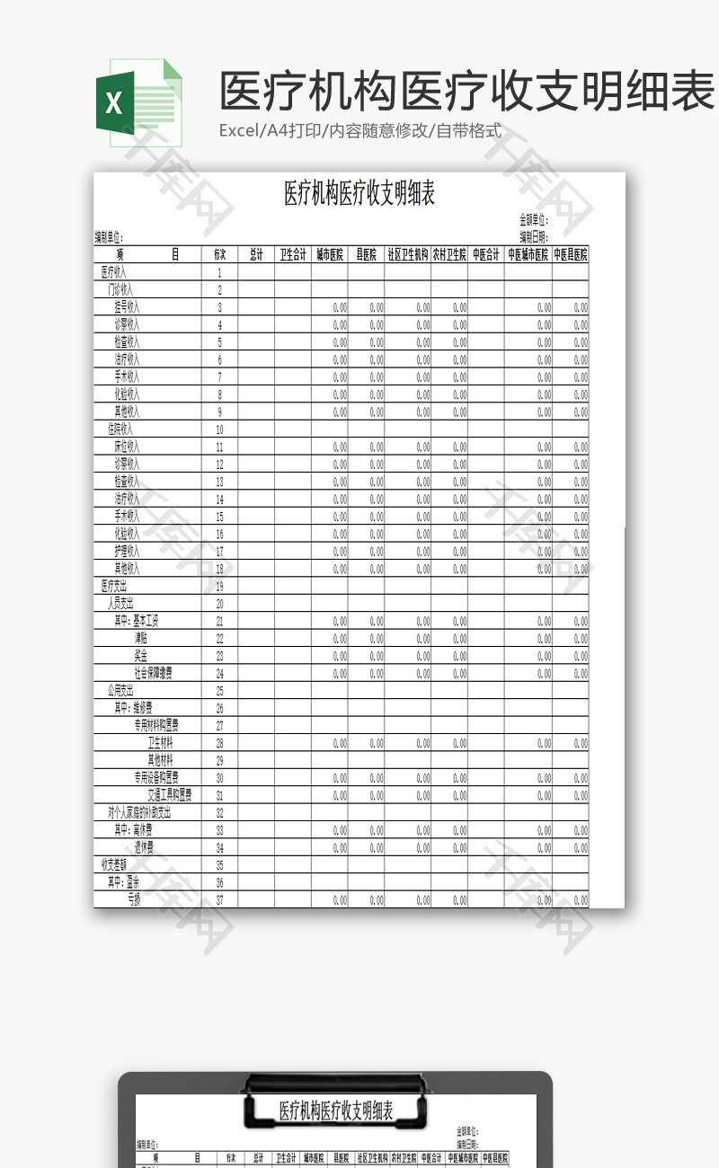 医疗机构医疗收支明细表EXCEL模板