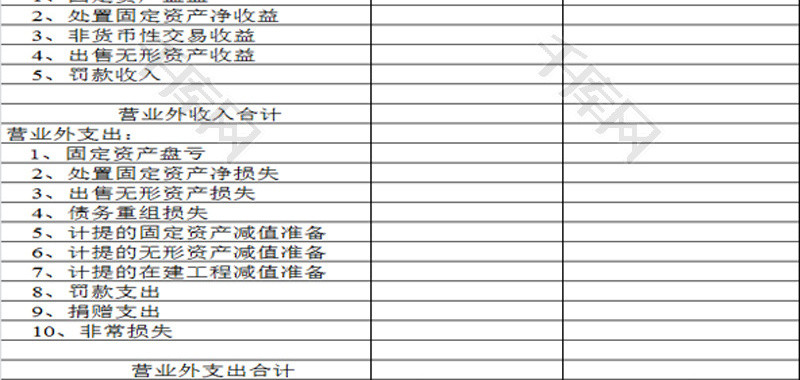 营业外收支明细表EXCEL模板