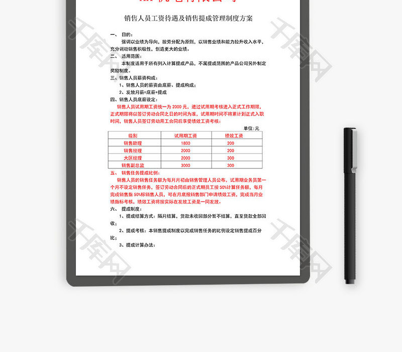 工资待遇销售提成管理制度方案Word文档