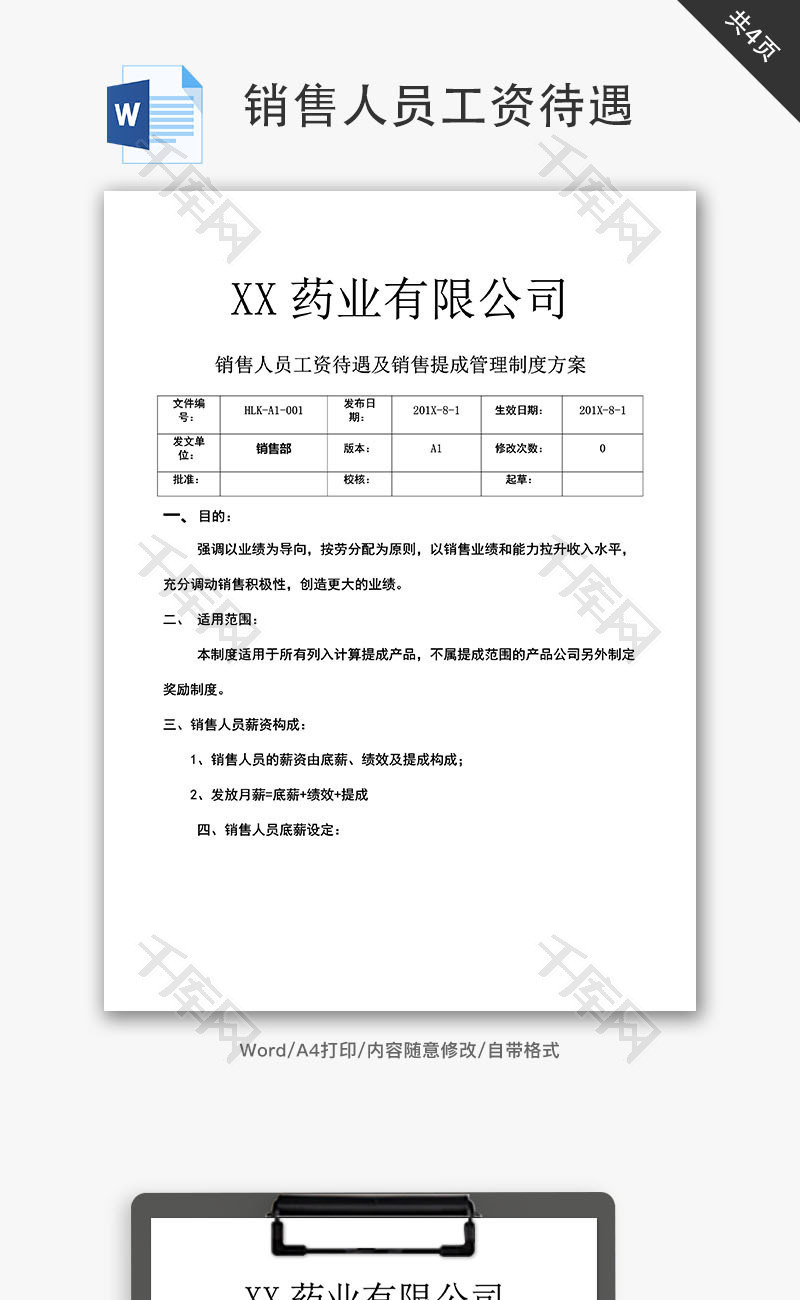 工资待遇及销售提成管理制度方案Word文