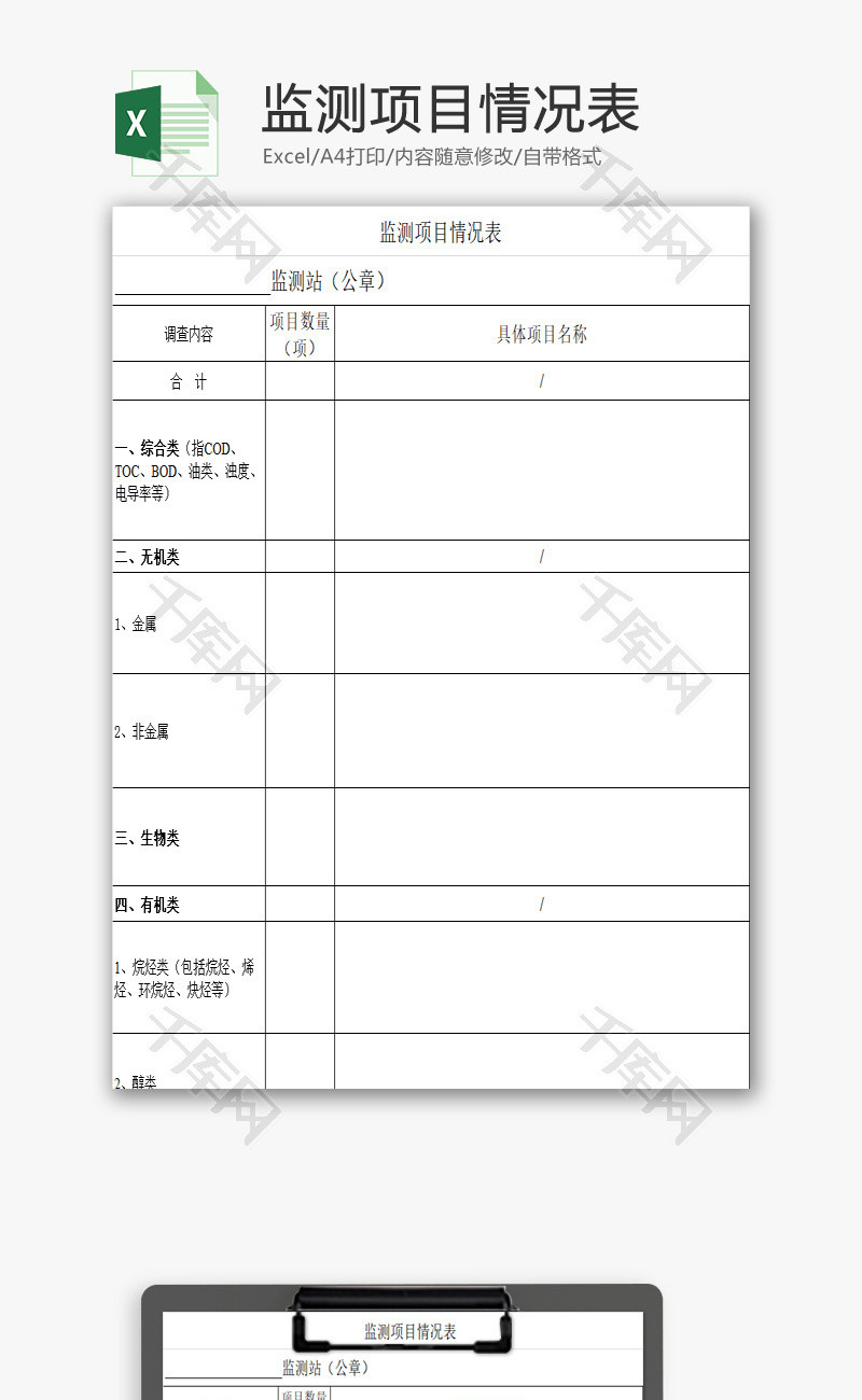 监测项目情况表EXCEL模板