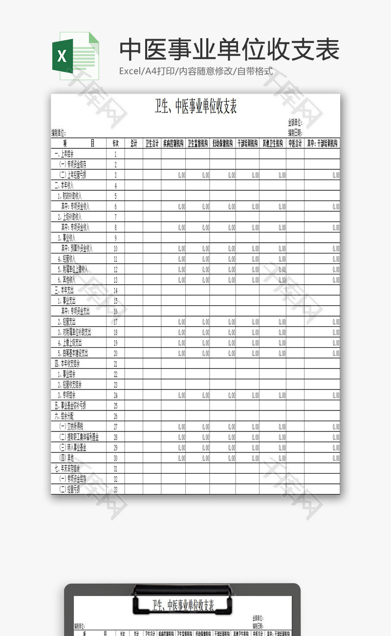 中医事业单位收支表EXCEL模板