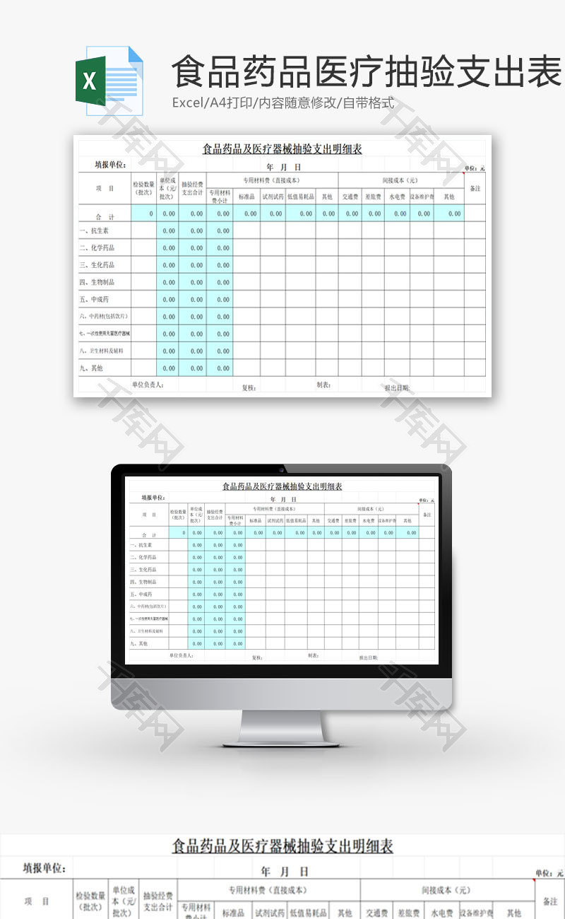 医疗器械抽验支出明细表EXCEL模板