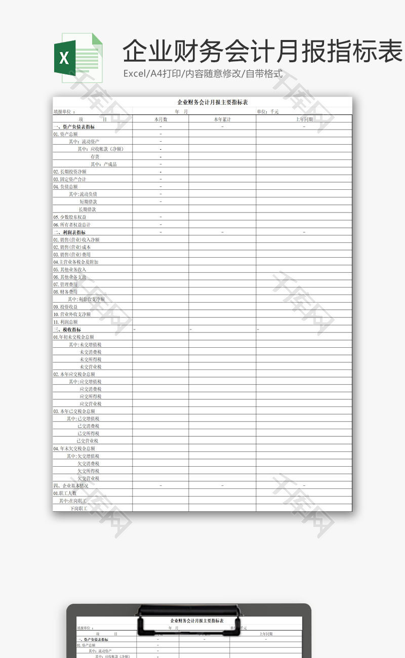 企业财务会计月报主要指标表EXCEL模板