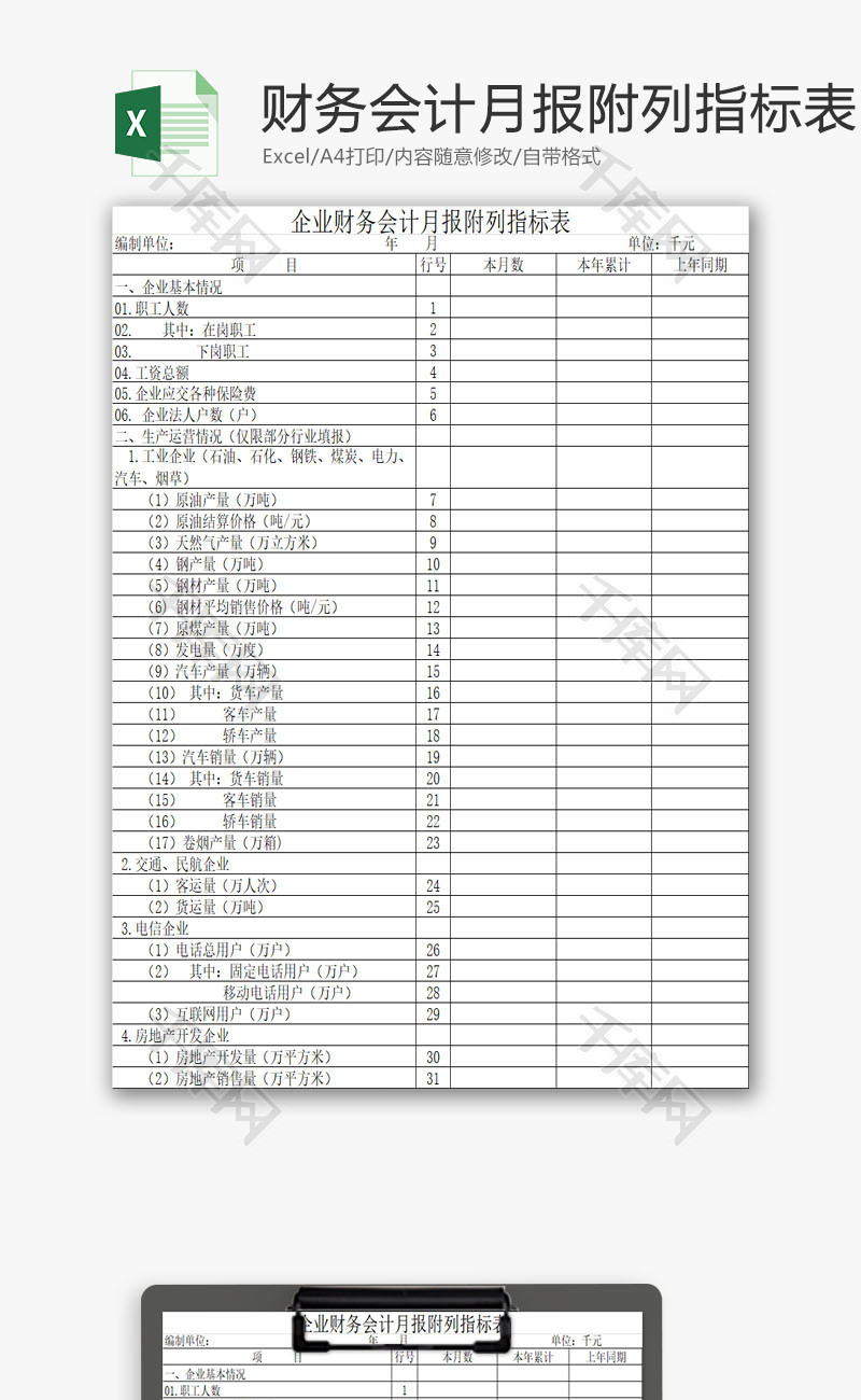 企业财务会计月报附列指标表EXCEL模板