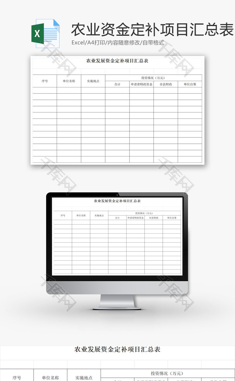 农业发展资金定补项目汇总表EXCEL模板