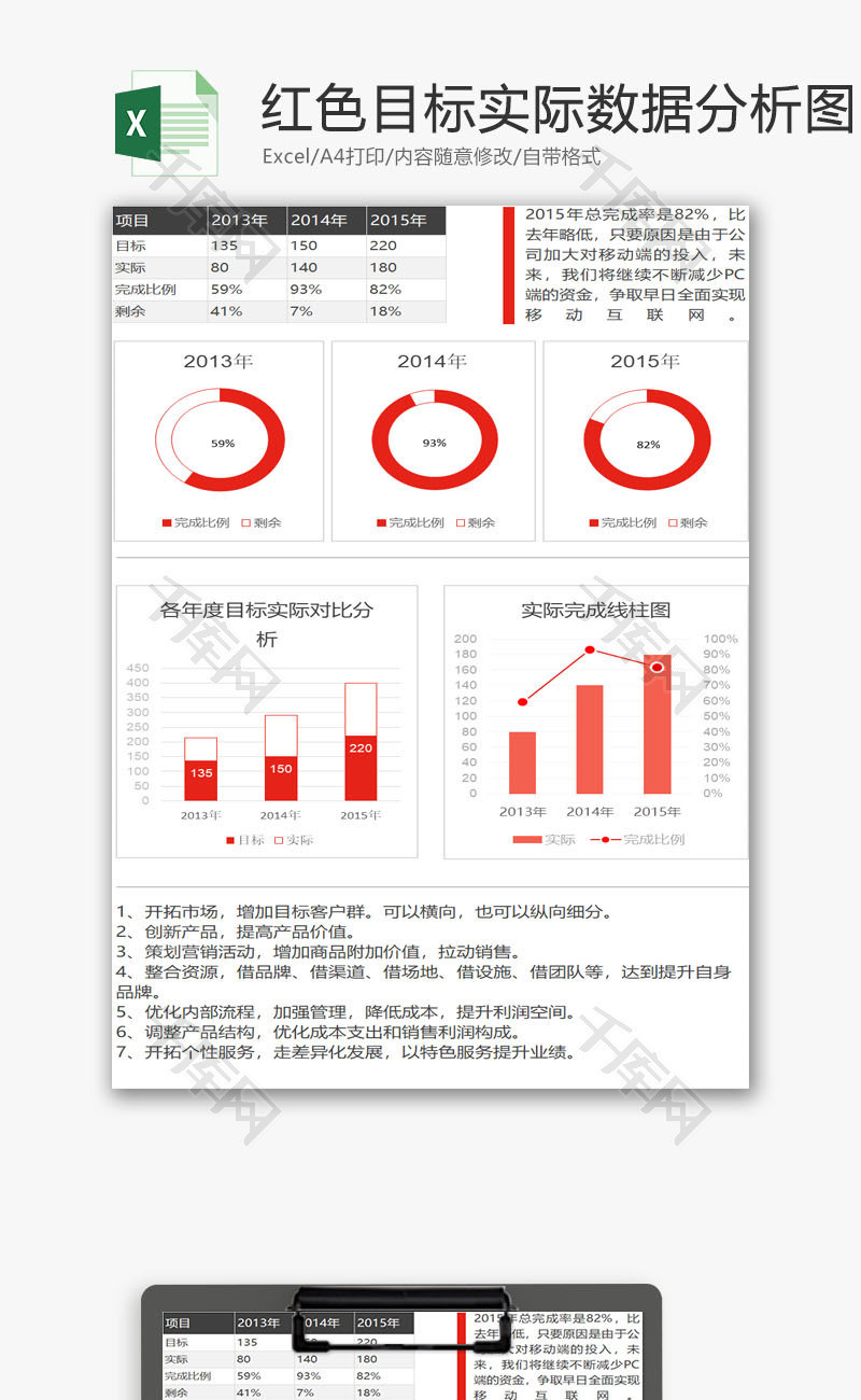 红色目标实际数据分析图EXCEL模板