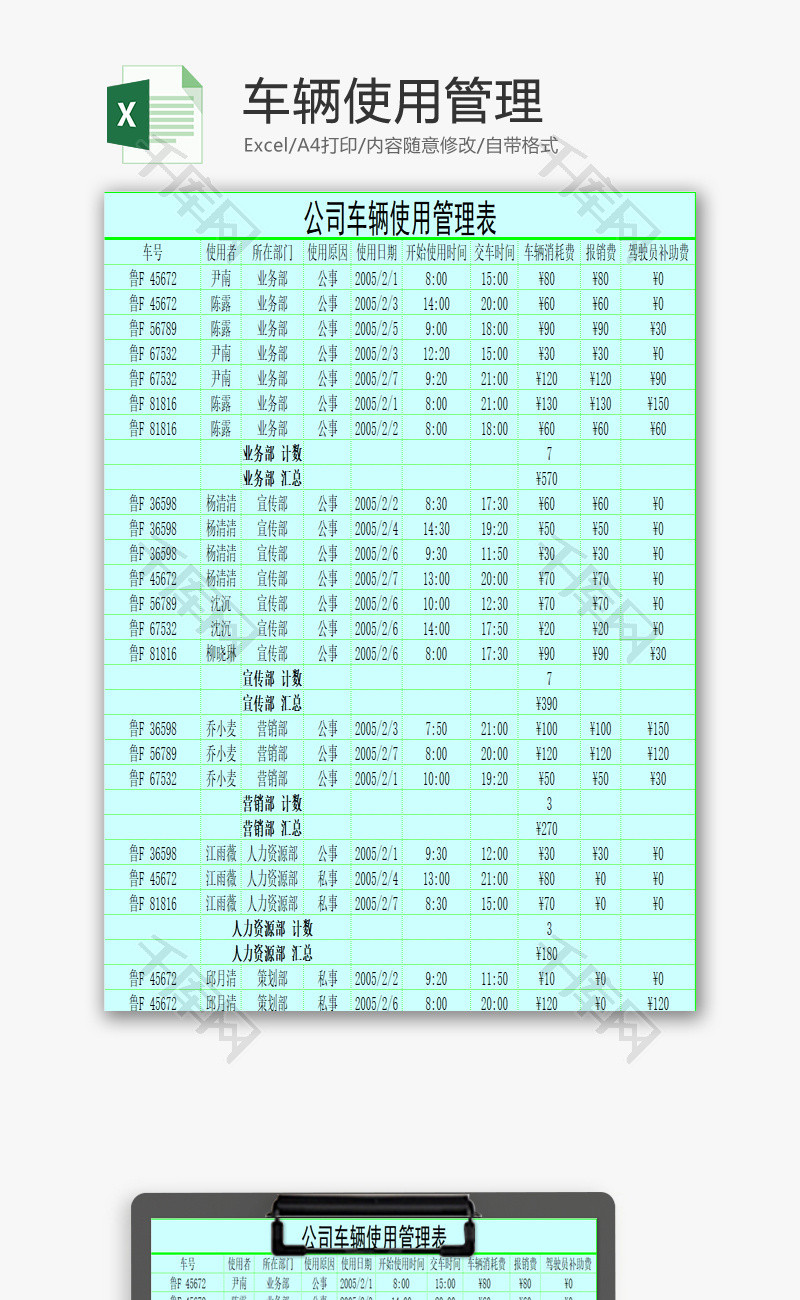 车辆使用管理EXCEL模板