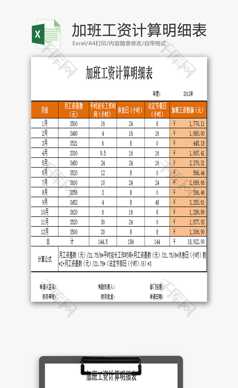 加班工资计算明细表EXCEL模板