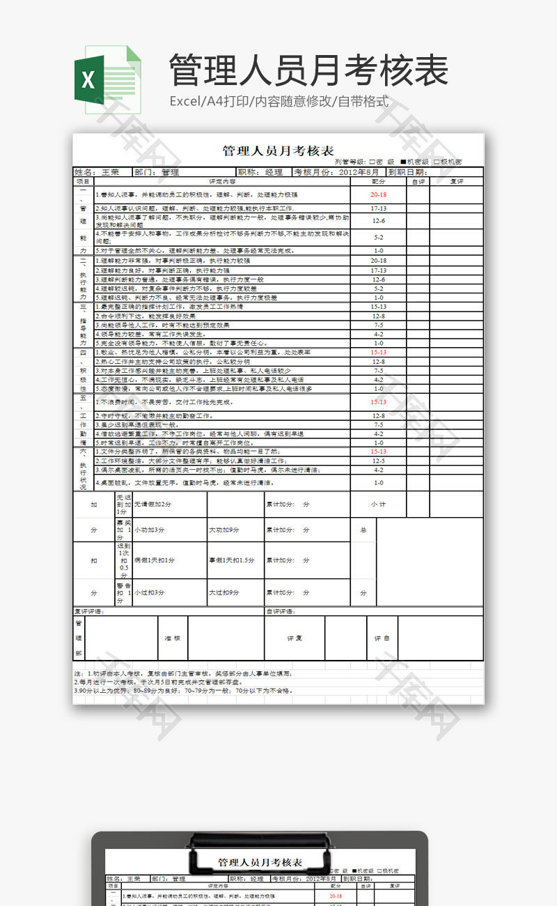 管理人员月考核表EXCEL模板