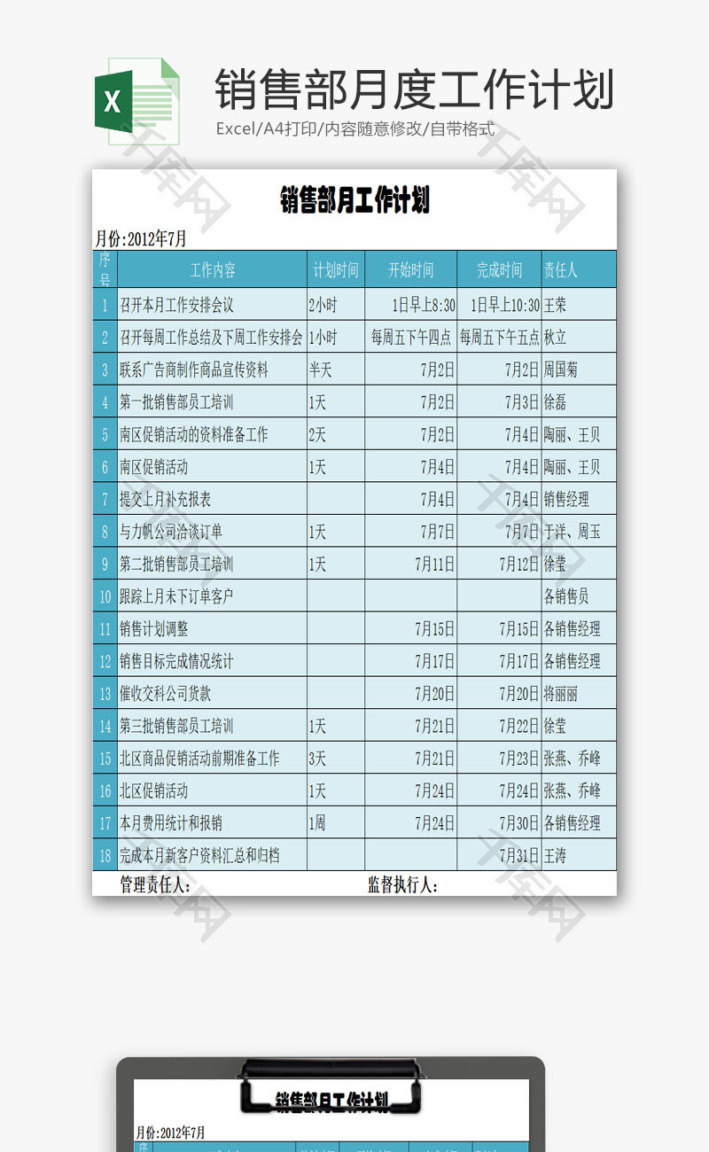 销售部月度工作计划EXCEL模板