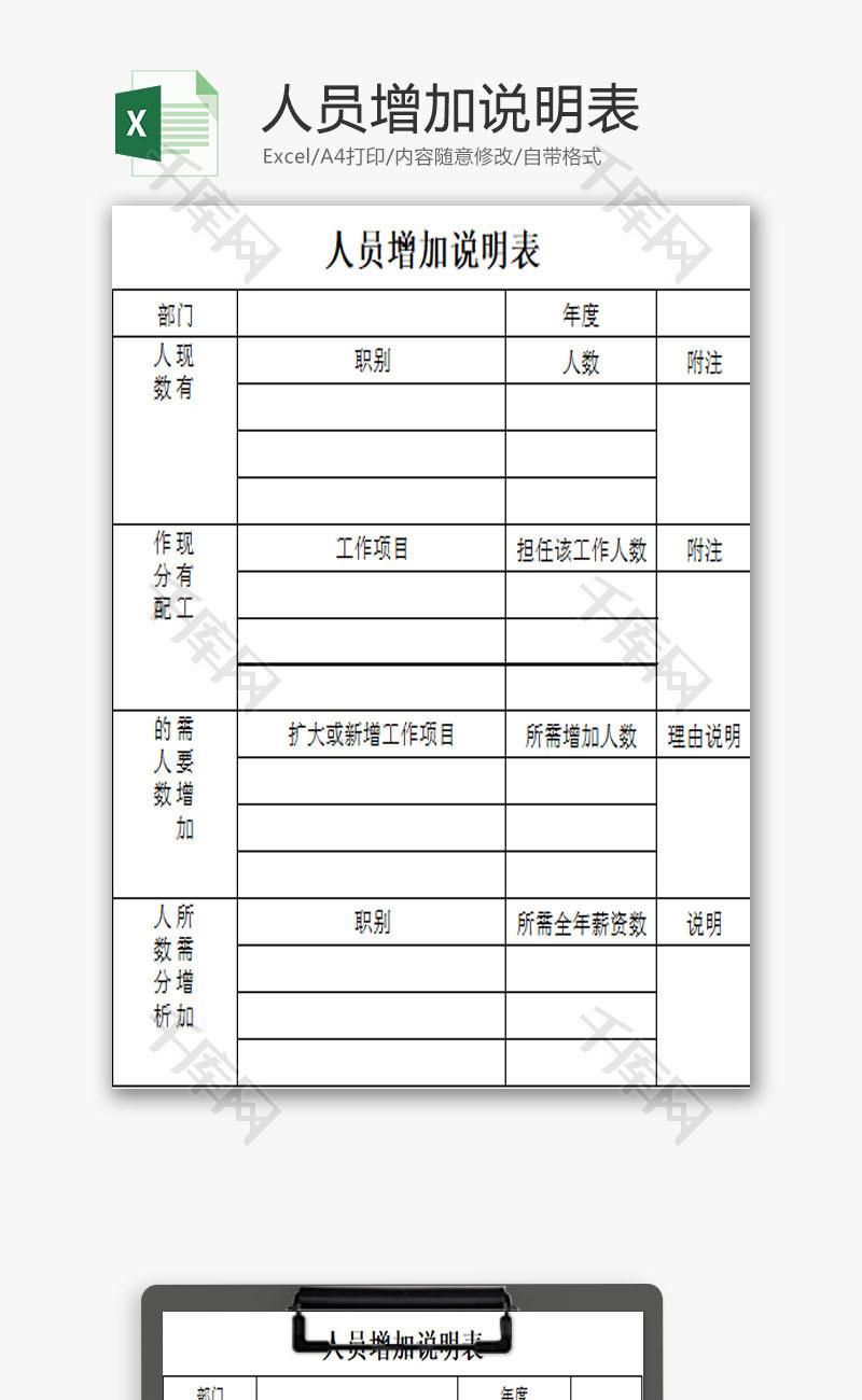 人员增加说明表EXCEL模板