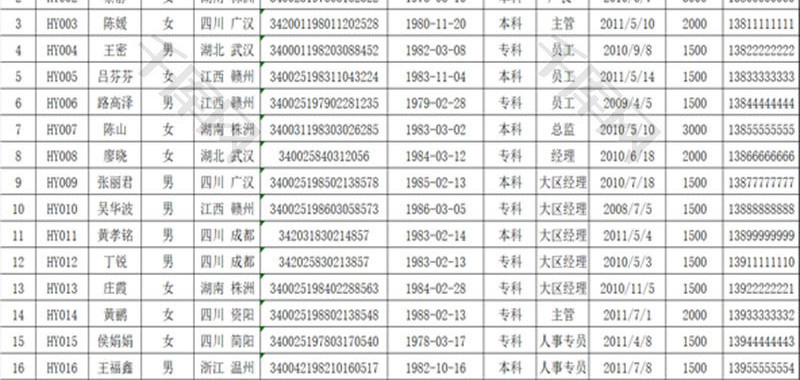 人事信息查询表EXCEL模板