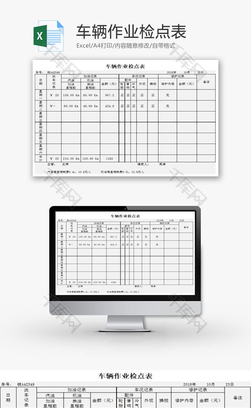 车辆作业检点表EXCEL模板