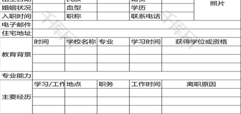 员工个人资料登记表EXCEL模板