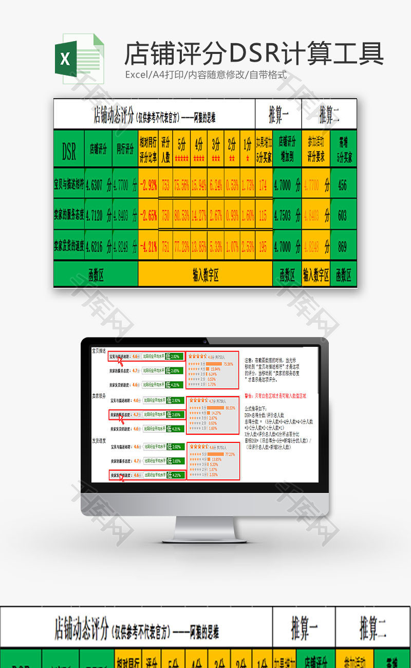 生活休闲店铺评分DSR计算Excel模板