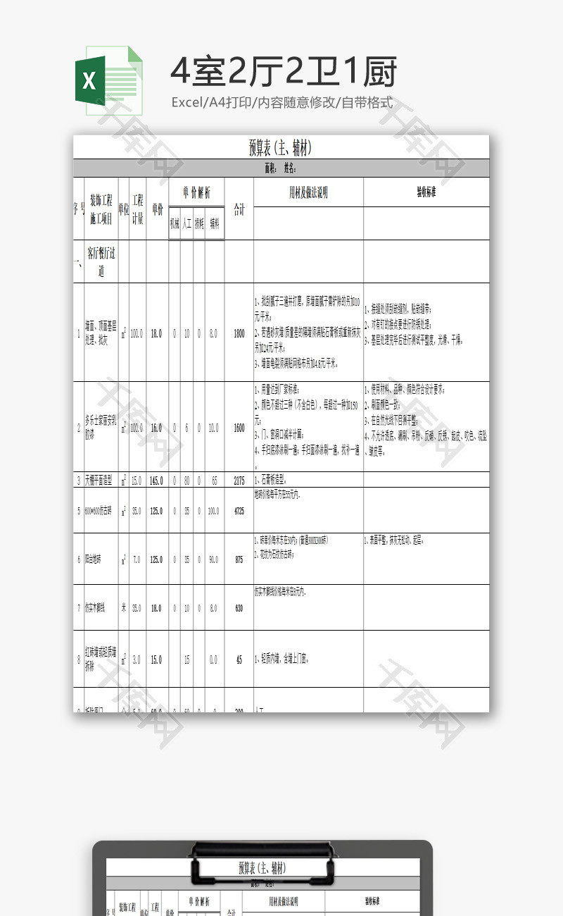 4室2厅2卫1厨EXCEL模板