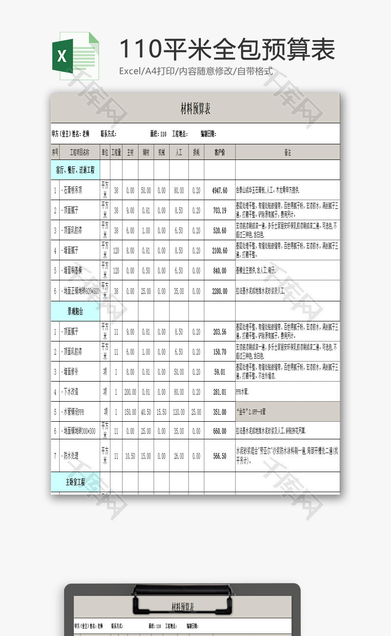 110平米全包预算表EXCEL模板