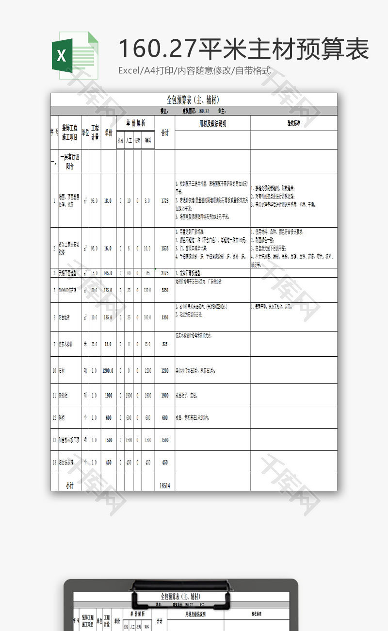 160平米包主材预算表EXCEL模板