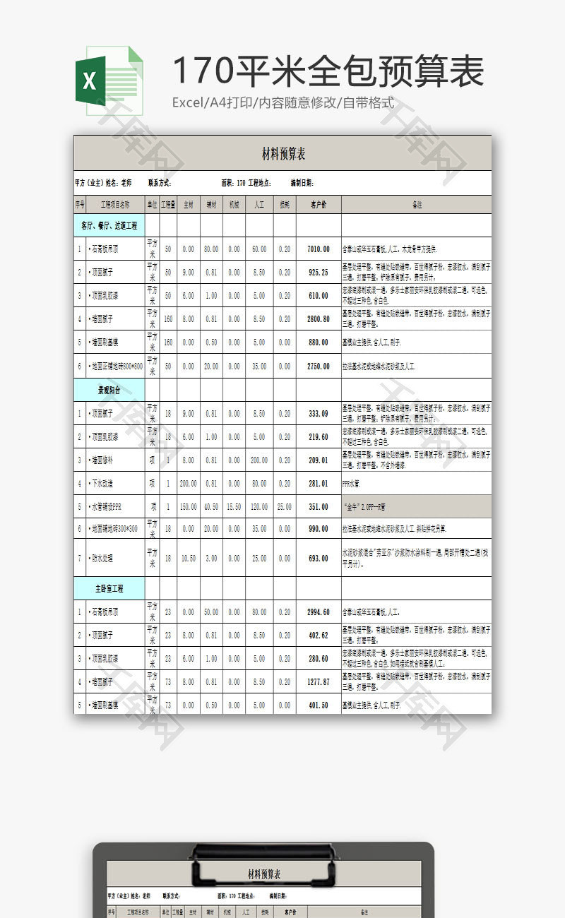 170平米全包预算表EXCEL模板