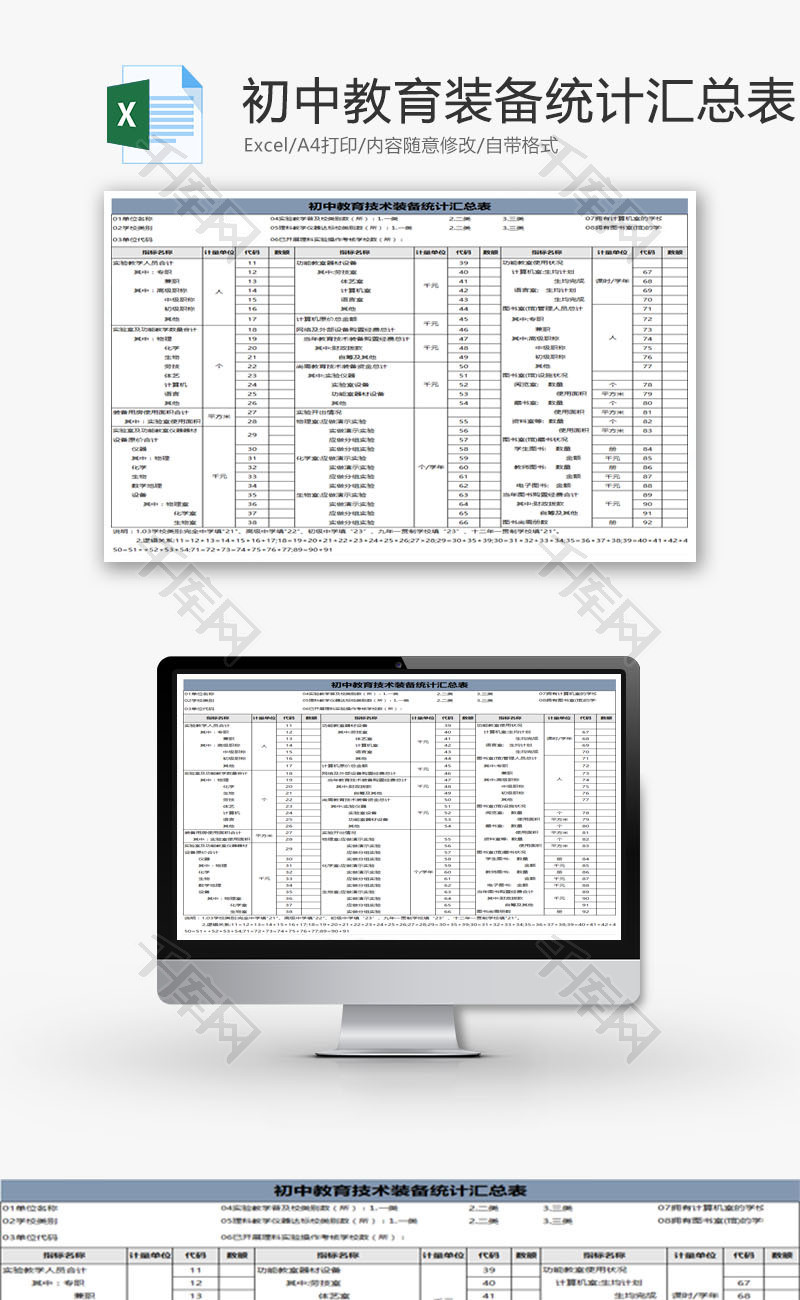 初中教育技术装备统计汇总表EXCEL模板