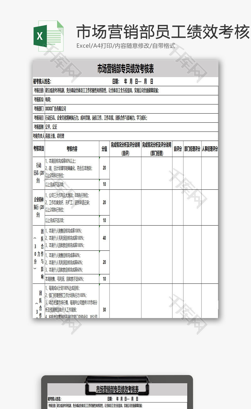 市场营销部员工绩效考核表EXCEL模板