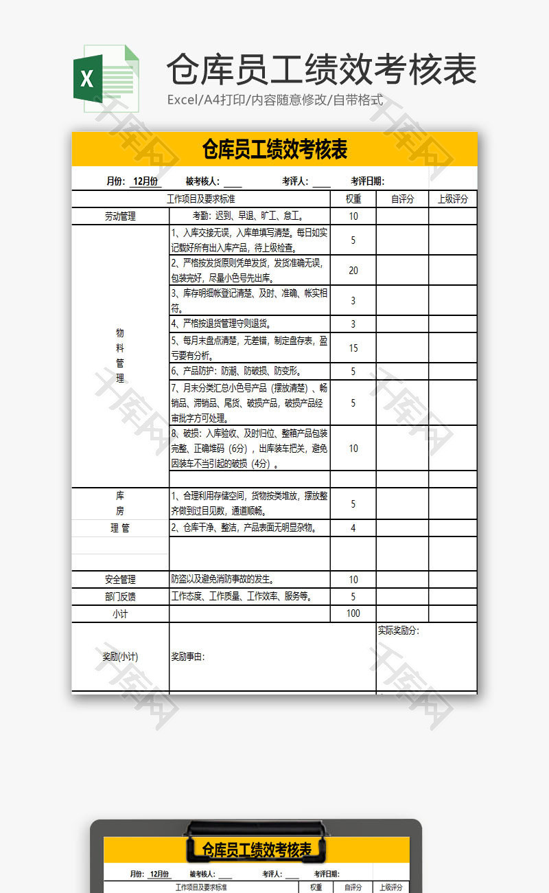 仓库员工绩效考核表EXCEL模板