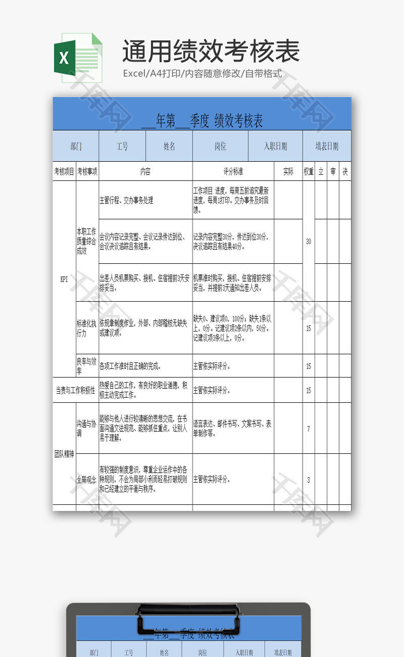 通用绩效考核表EXCEL模板