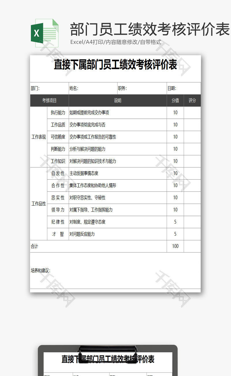 部门员工绩效考核评价表EXCEL模板
