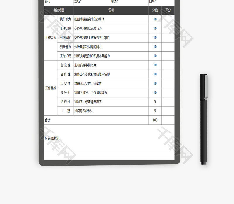 部门员工绩效考核评价表EXCEL模板