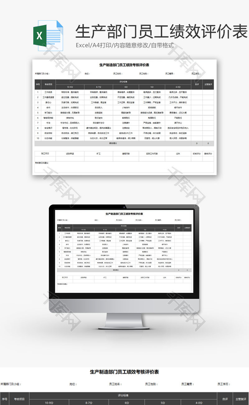 制造部门员工绩效考核评价表EXCEL模板