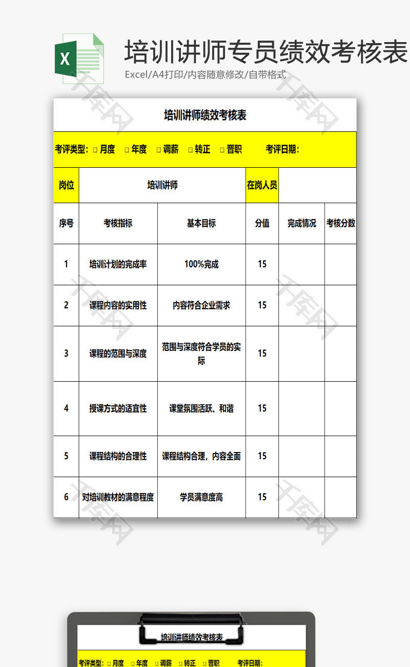 培训讲师专员绩效考核表EXCEL模板