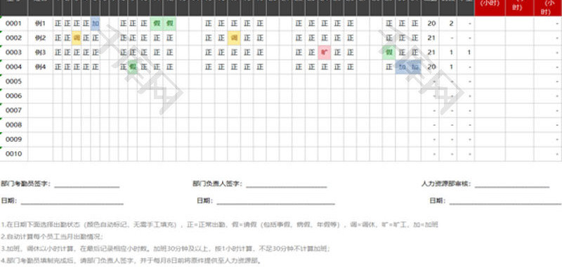 员工月度考勤记录统计表EXCEL模板