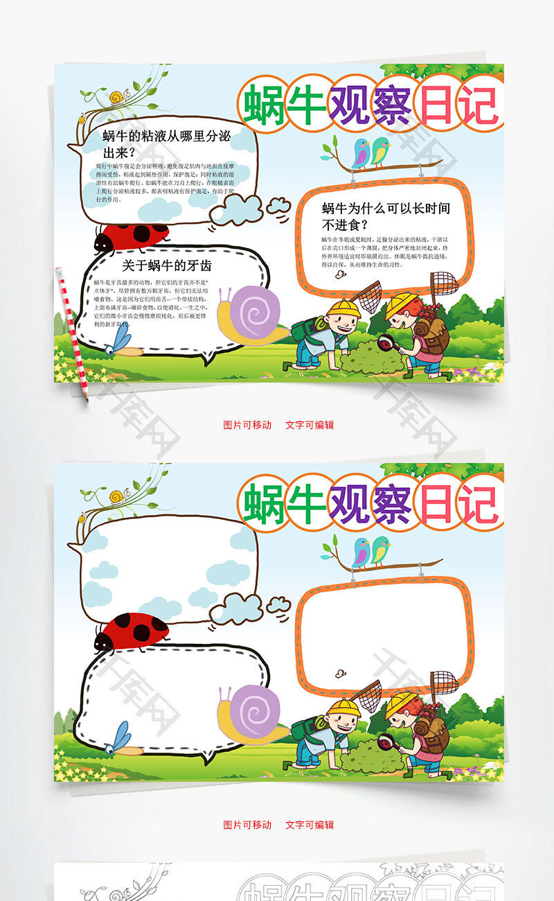 卡通蜗牛观察日记小报word手抄报