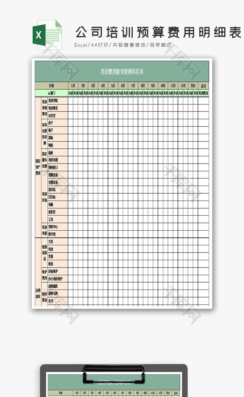 公司培训预算费用明细表excel模板