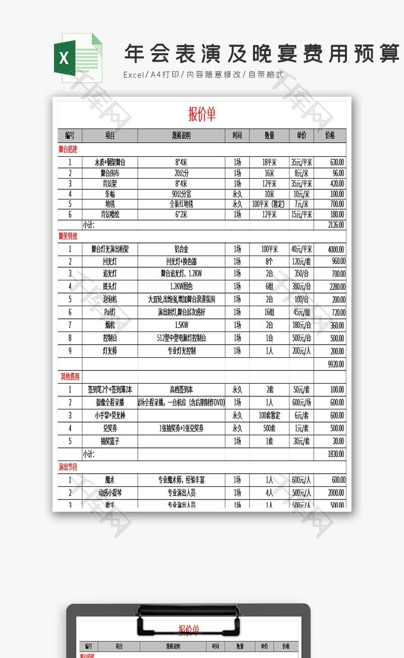 年会表演及晚宴费用预算EXCEL模板