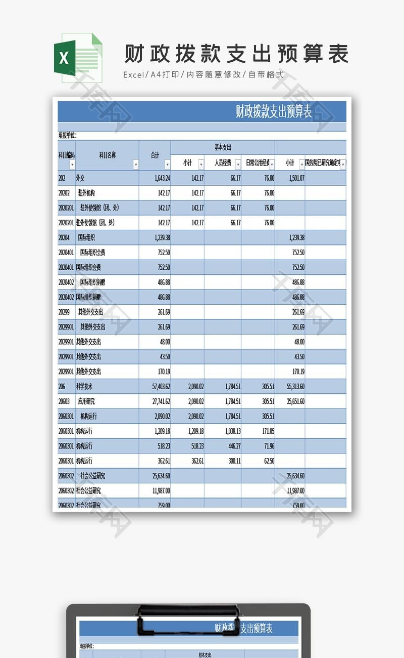 财政拨款支出预算表excel模板