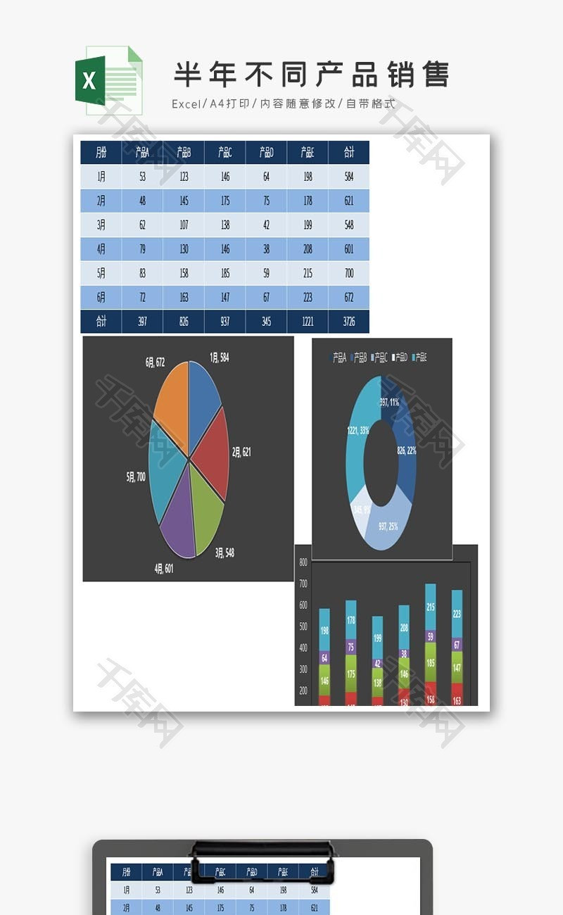 商务风半年不同产品销售excel表格模板