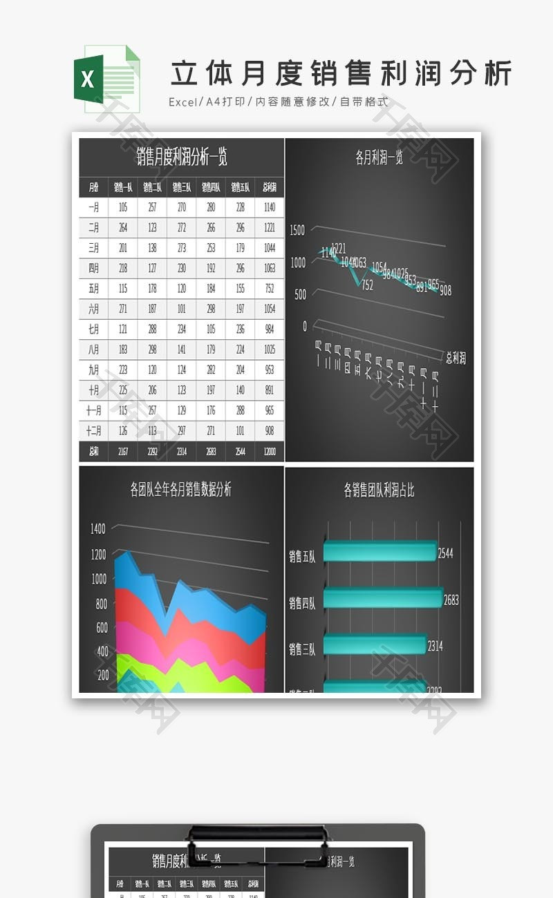 立体月度销售利润分析excel模板