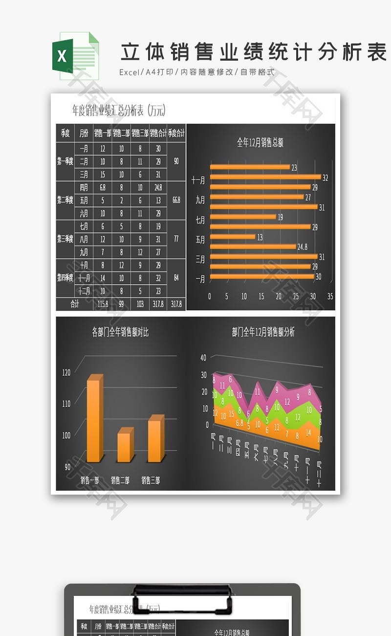 黑色立体销售业绩统计分析表excel模板