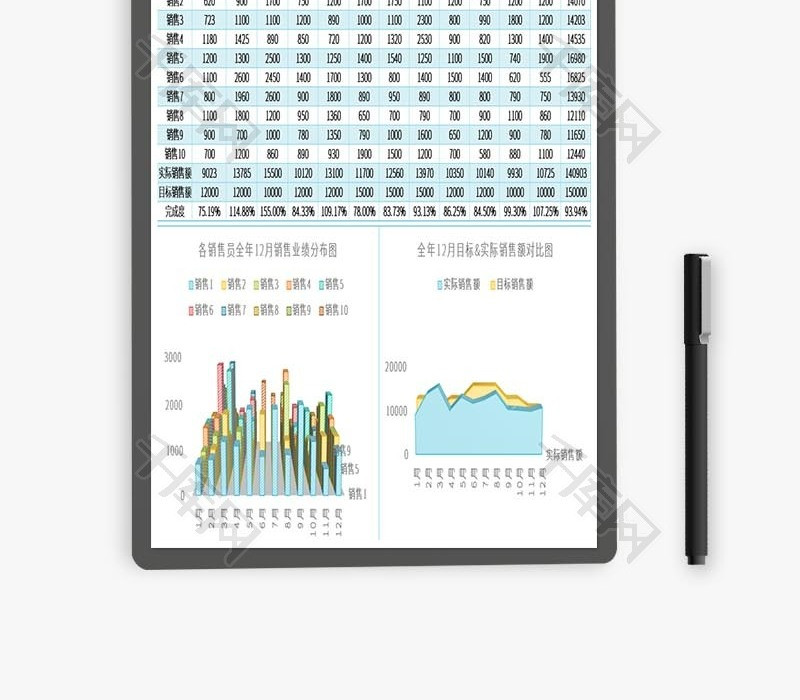 淡蓝色立体销售业绩分析报表Excel模板