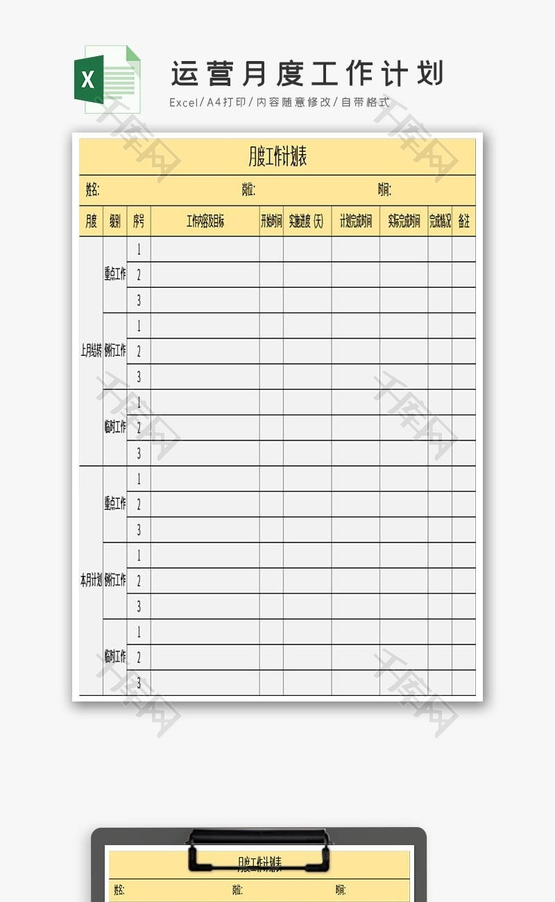 运营月度工作计划excel模板