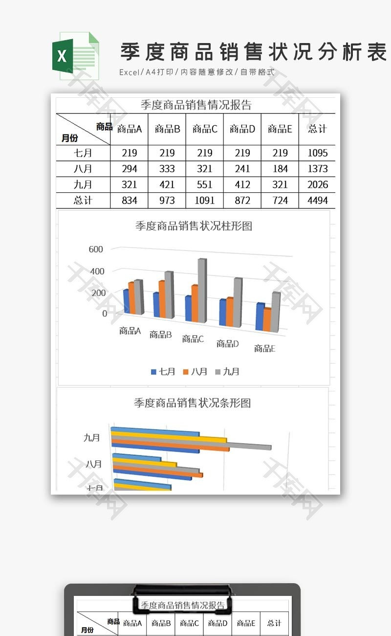 蓝色季度商品销售状况分析表Excel模板