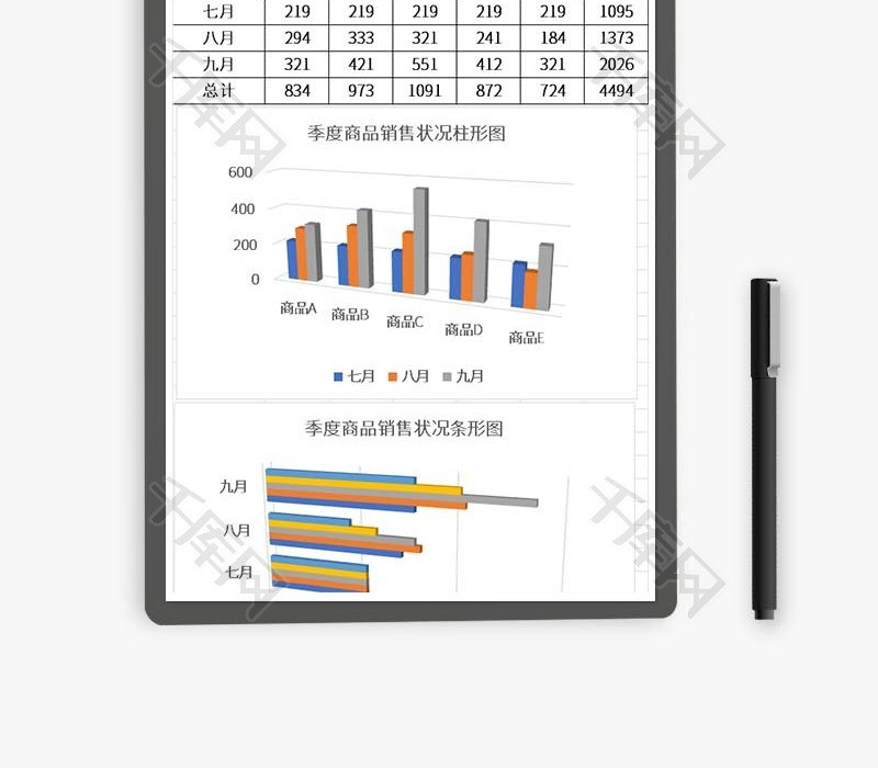 蓝色季度商品销售状况分析表Excel模板