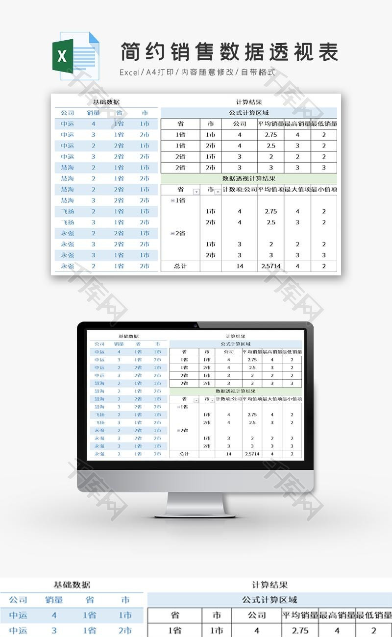 简约销售数据透视表Excel模板