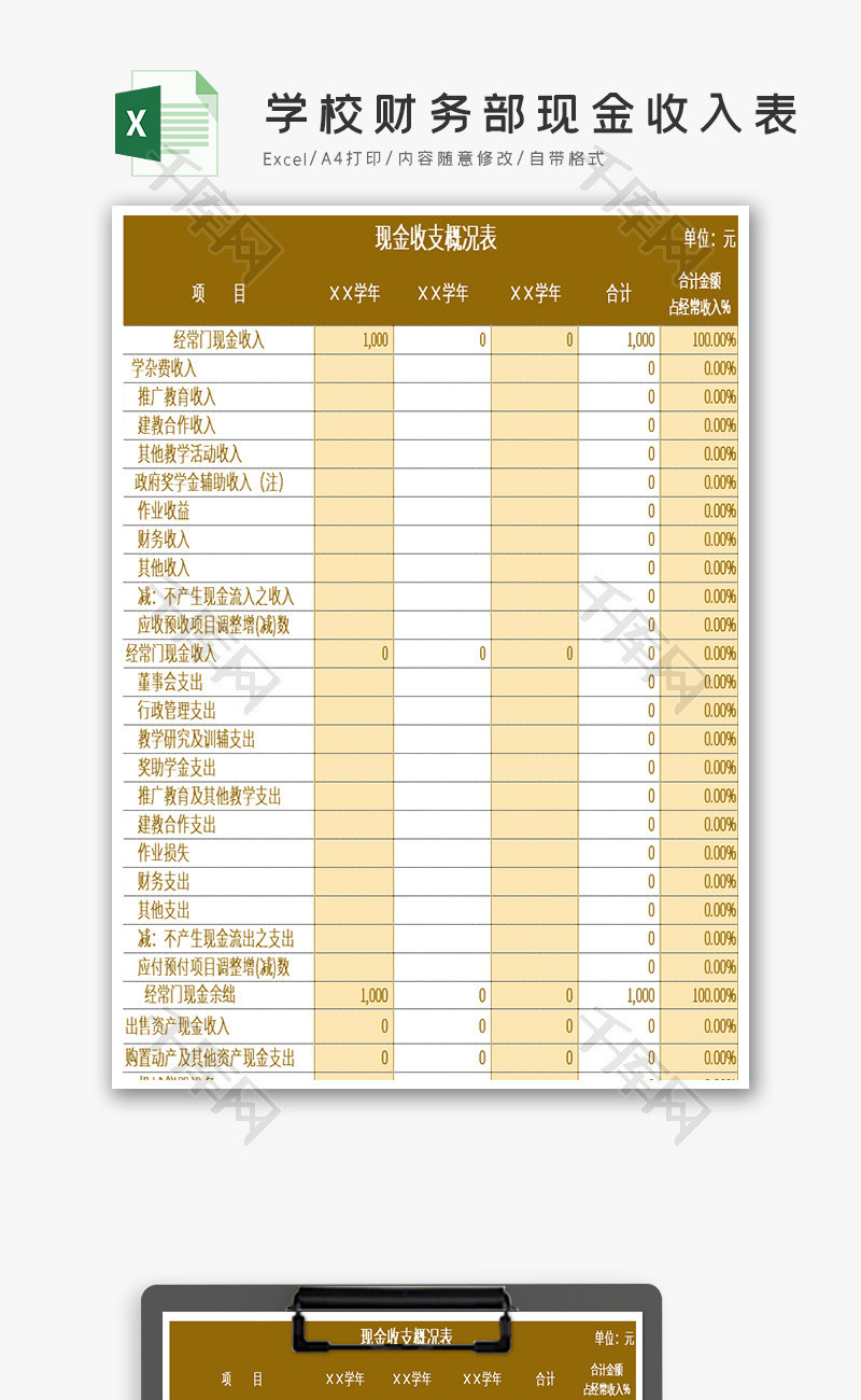 学校财务部现金收入表Excel模板