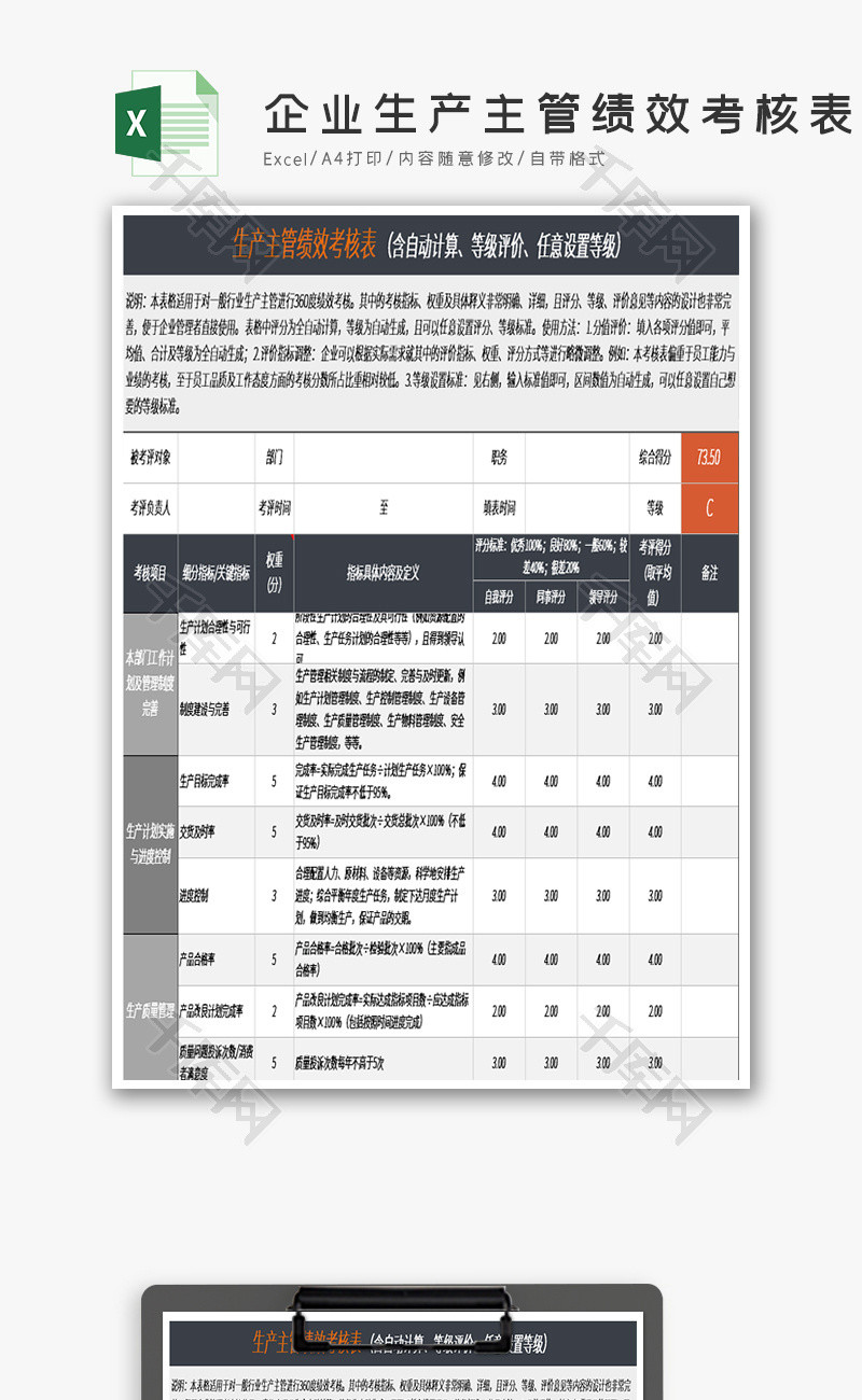 企业生产主管绩效考核表Excel模板