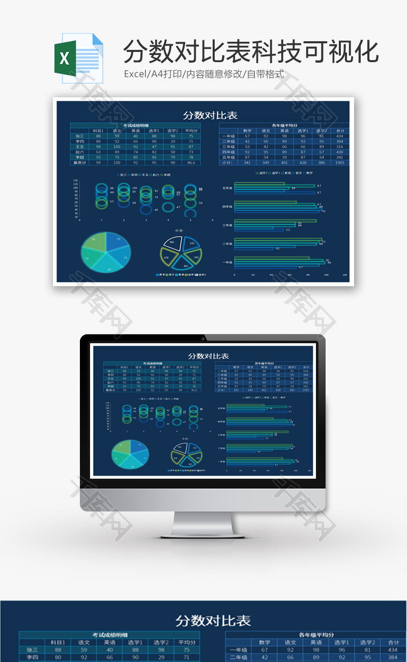 分数对比表科技可视化Excel模板