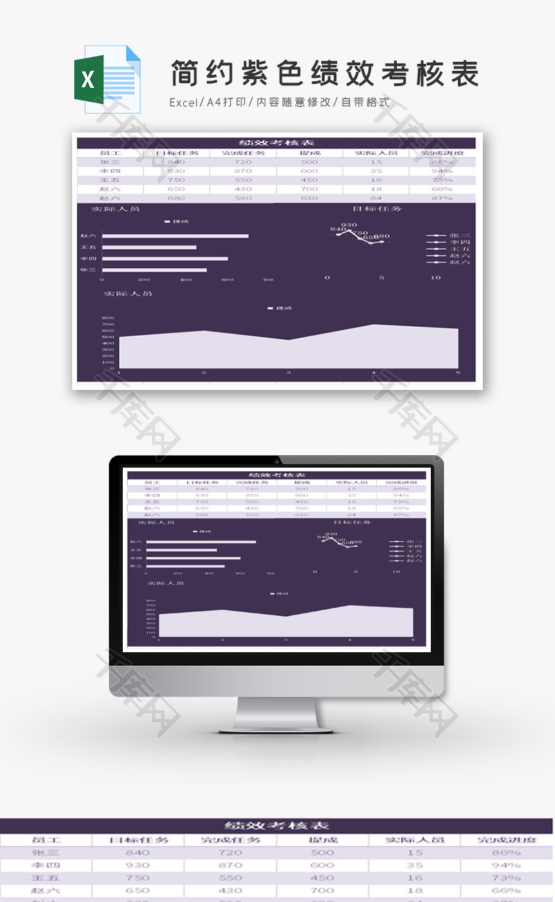 简约紫色绩效考核表Excel模板