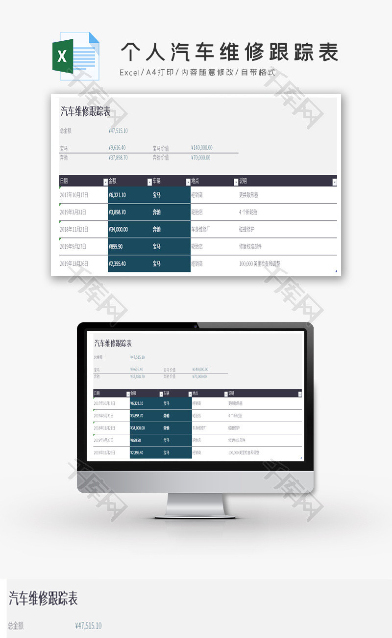 个人汽车维修跟踪表Excel模板
